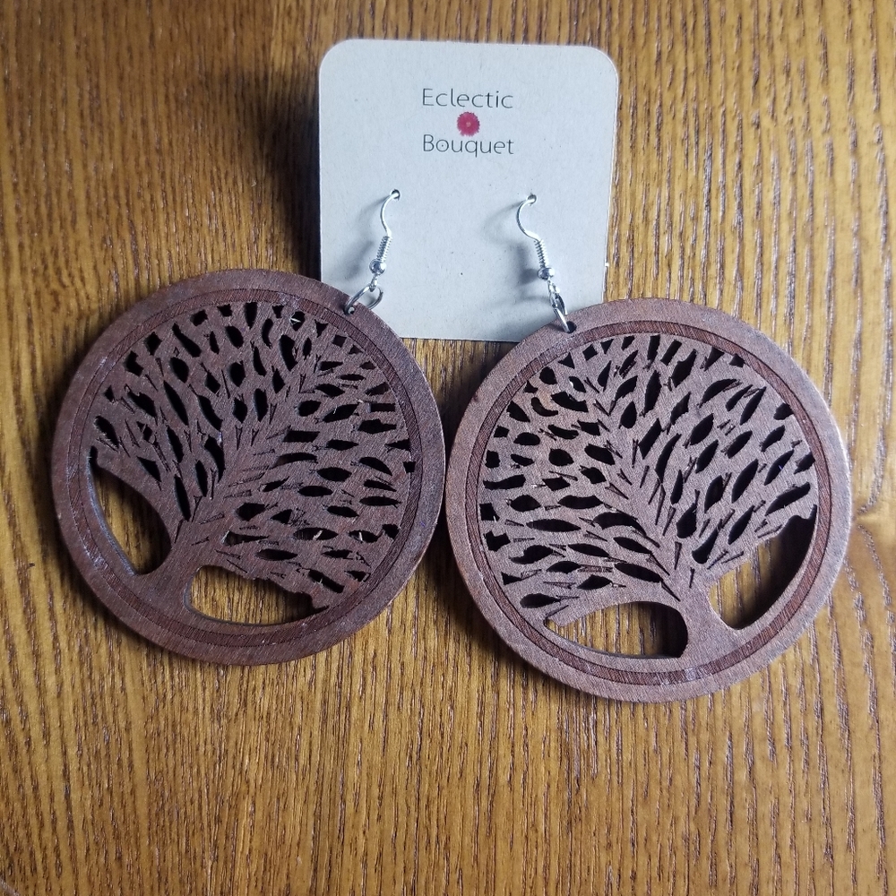 DARK BROWN WOOD TREE EARRINGS